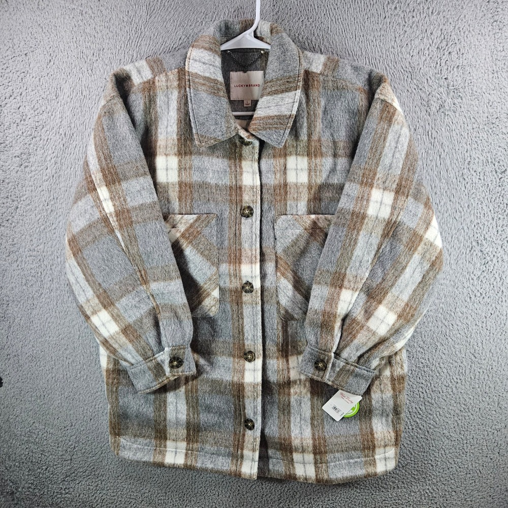 Lucky Brand Plaid Shacket Womens Oversized L Brown Grey Button Front Jacket NEW